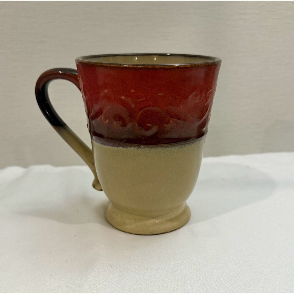 Pier 1 Imports Red Scroll Stoneware Footed Coffee Mug